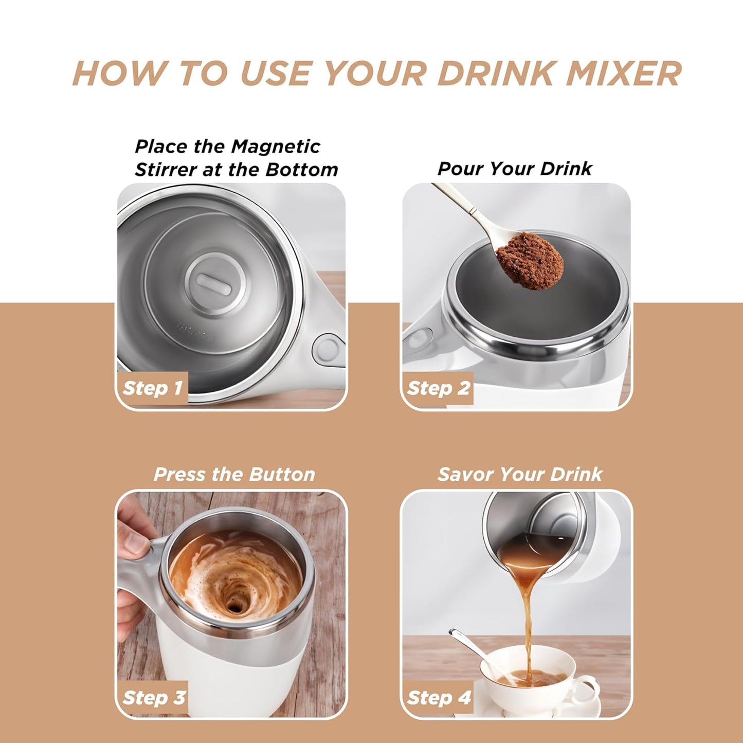 Automatic Self Stirring Coffee Mug - Intelligent Magnetic Mixing & Spinning Cup with Built-in Magnet Mixer Spinner and Stirrer - Rechargeable Electric Stainless Steel Stir Blender Mug with Lid