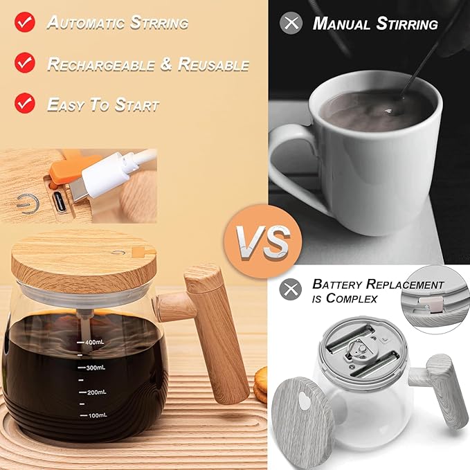 Self Stirring Mug 400ML – Electric High-Speed Mixing Cup, Rechargeable Type-C Coffee Blender Mug, Borosilicate Glass Stirring Cup for Coffee, Milk, Protein at Home/Office