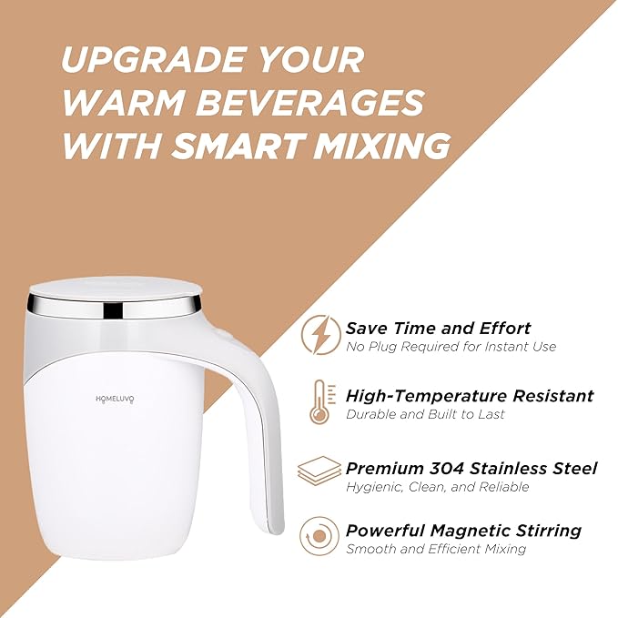 Automatic Self Stirring Coffee Mug - Intelligent Magnetic Mixing & Spinning Cup with Built-in Magnet Mixer Spinner and Stirrer - Rechargeable Electric Stainless Steel Stir Blender Mug with Lid