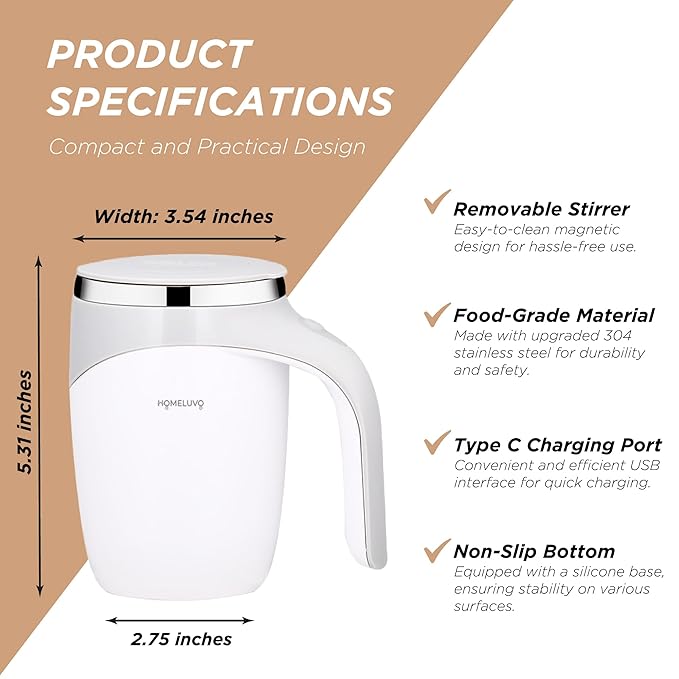 Automatic Self Stirring Coffee Mug - Intelligent Magnetic Mixing & Spinning Cup with Built-in Magnet Mixer Spinner and Stirrer - Rechargeable Electric Stainless Steel Stir Blender Mug with Lid